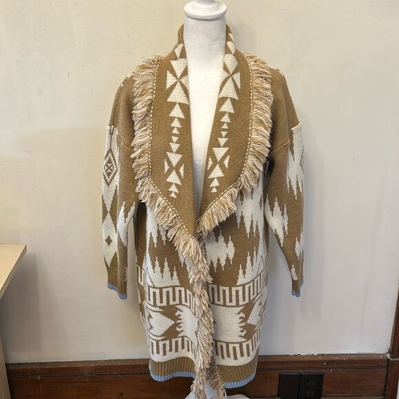 Cocogio Sweaters - Cocogio Italian beige fringe Aztec design wool blend open cardigan Size S New
